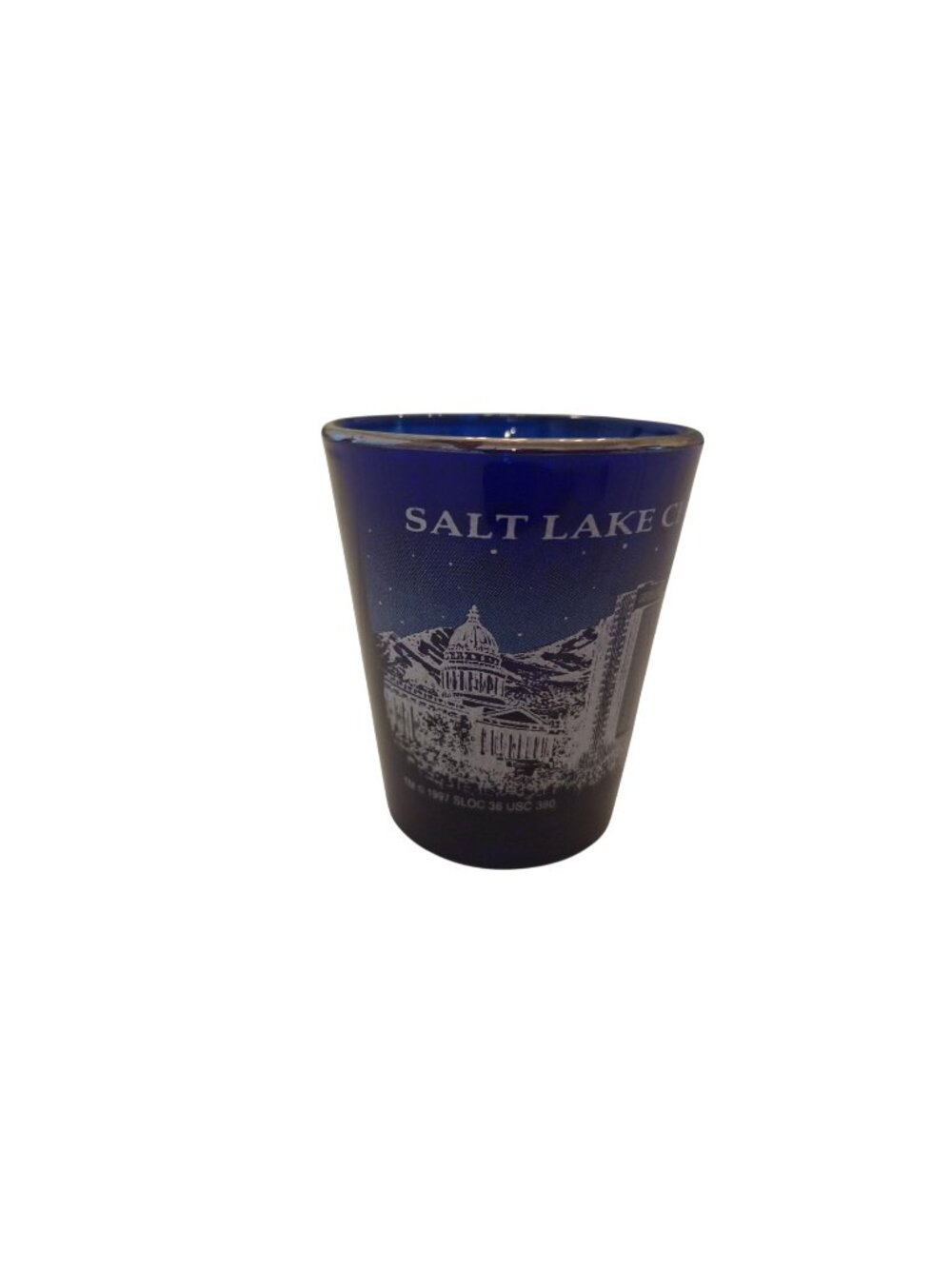 1997 Salt Lake City Cobalt Blue Shot Glass SLOC Skyline Olympic Souvenir Vintage